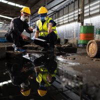 Scientists and government officials Inspect and collect chemical leak samples in industrial sites. to be thoroughly investigated in the laboratory